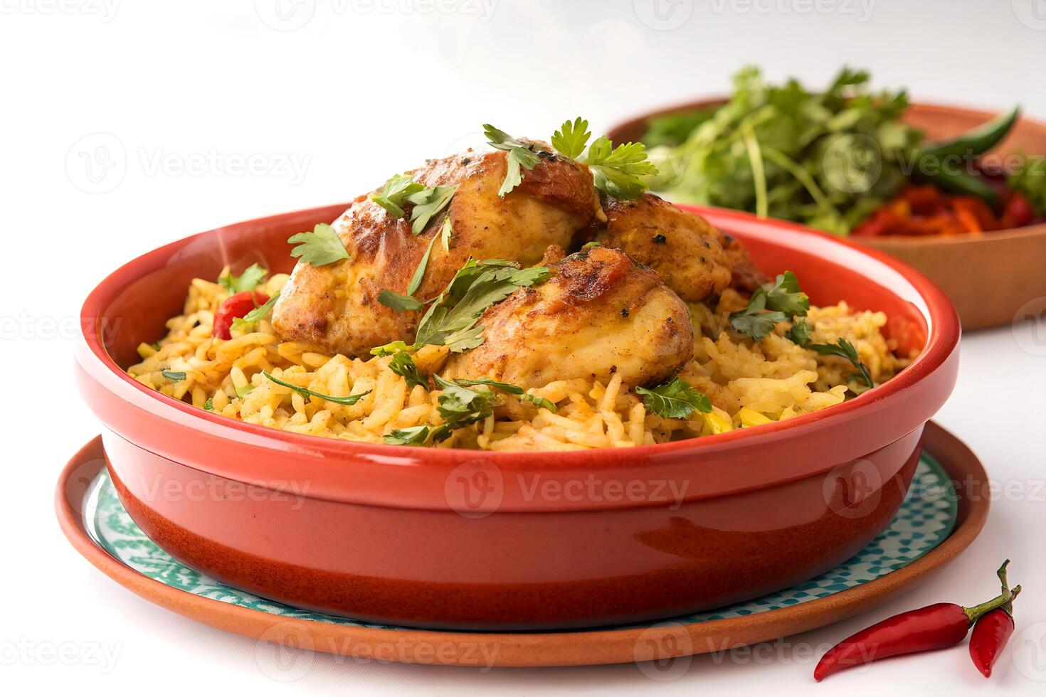 Delicious chicken biryani aromatic indian food served in a terracotta bowl on a white background with vibrant condiments. photo