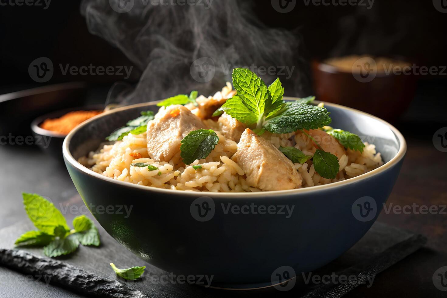 Delicious and steaming bowl of chicken biryani garnished with fresh mint on a rustic dark background photo