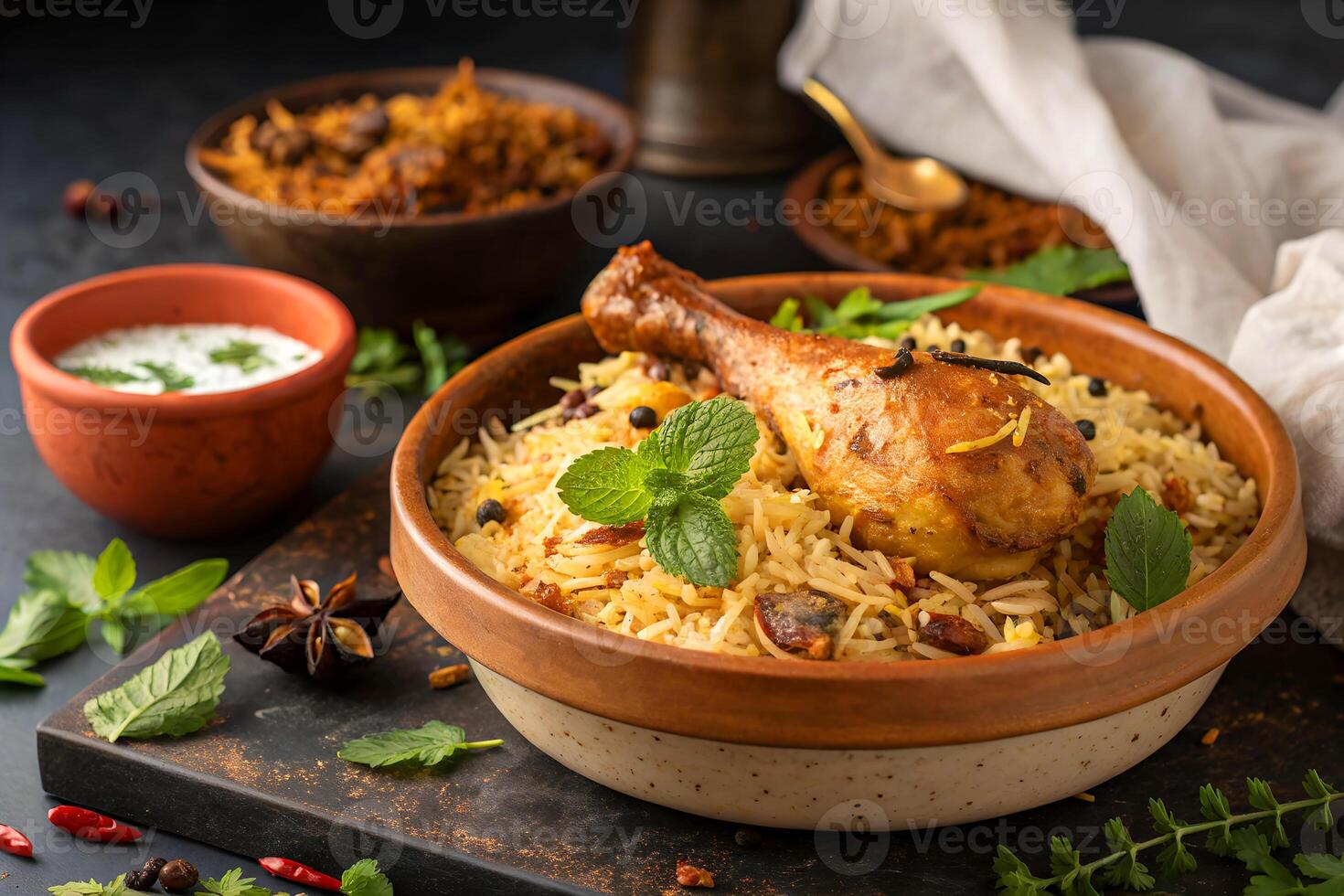 Deliciously arranged chicken biryani in a clay bowl garnished with fresh herbs and spices on dark surface photo