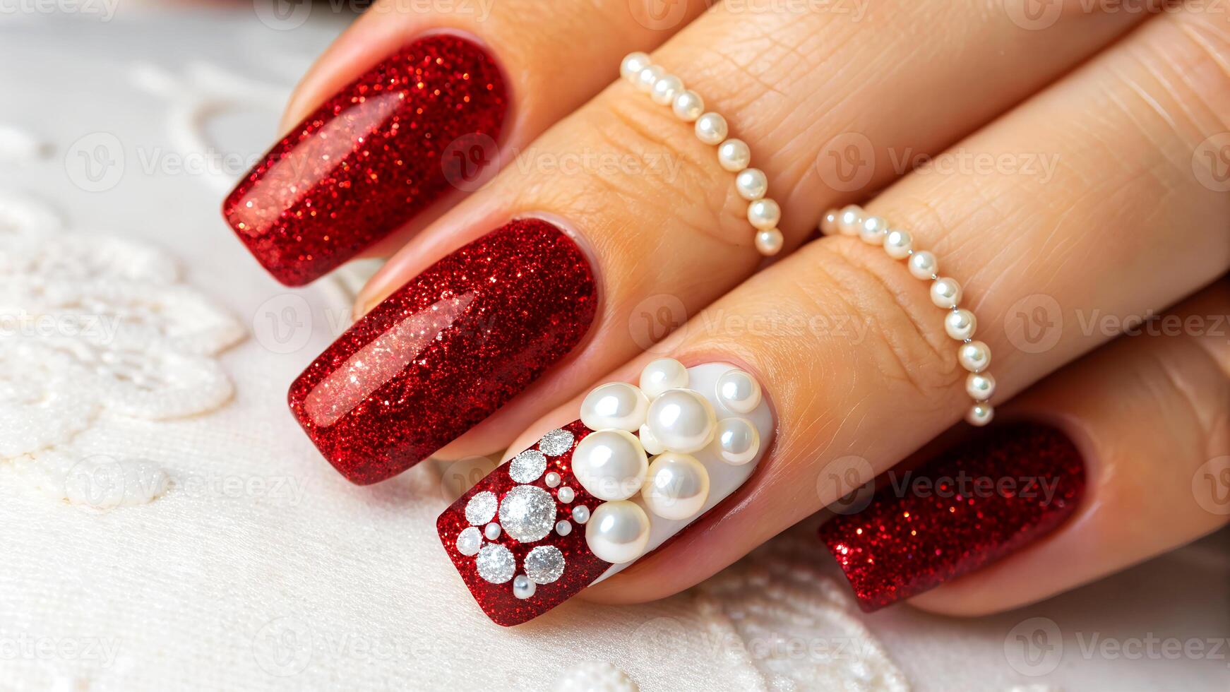 Elegant hand with long red glitter nails and pearl nail art adorned with pearl rings in a luxury setting. photo