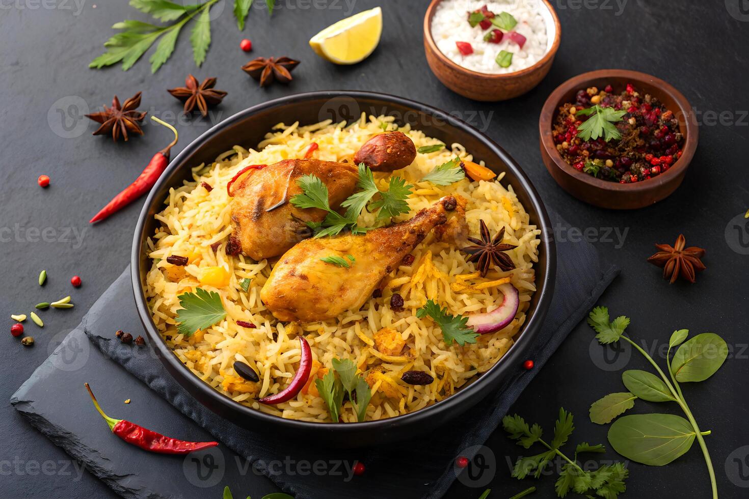 Delicious chicken biryani served with herbs spices and yogurt on dark stone background for culinary purposes photo