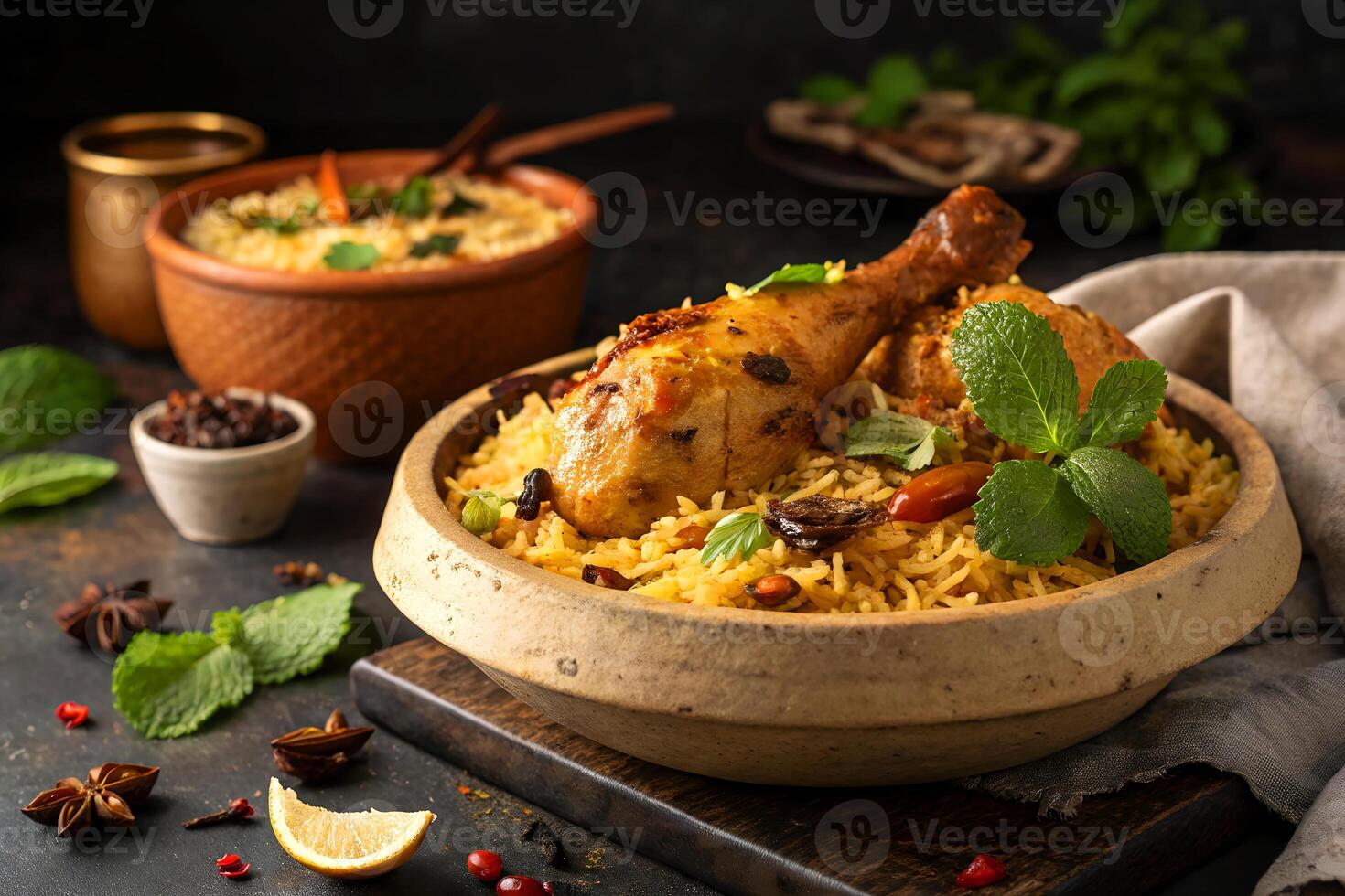 Delicious and aromatic chicken biryani with spices and fresh herbs arranged for a vibrant culinary experience photo