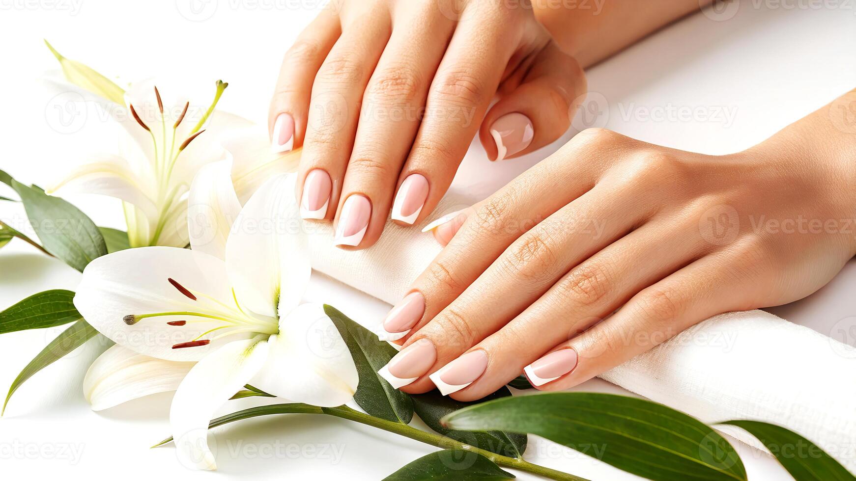 Elegant french manicure displayed on beautifully crafted hands resting alongside fresh white lilies for spa and wellness imagery photo