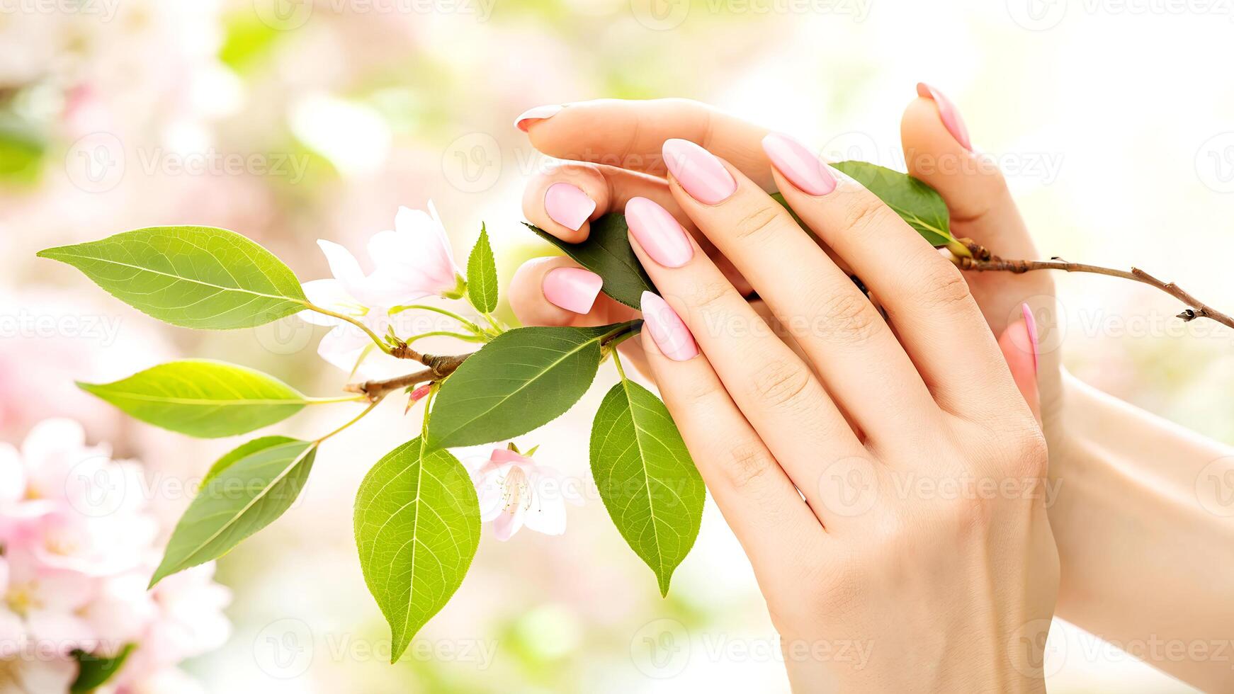 Elegant hands with perfect pink manicured nails holding a delicate flowering branch against a soft blurred floral background photo