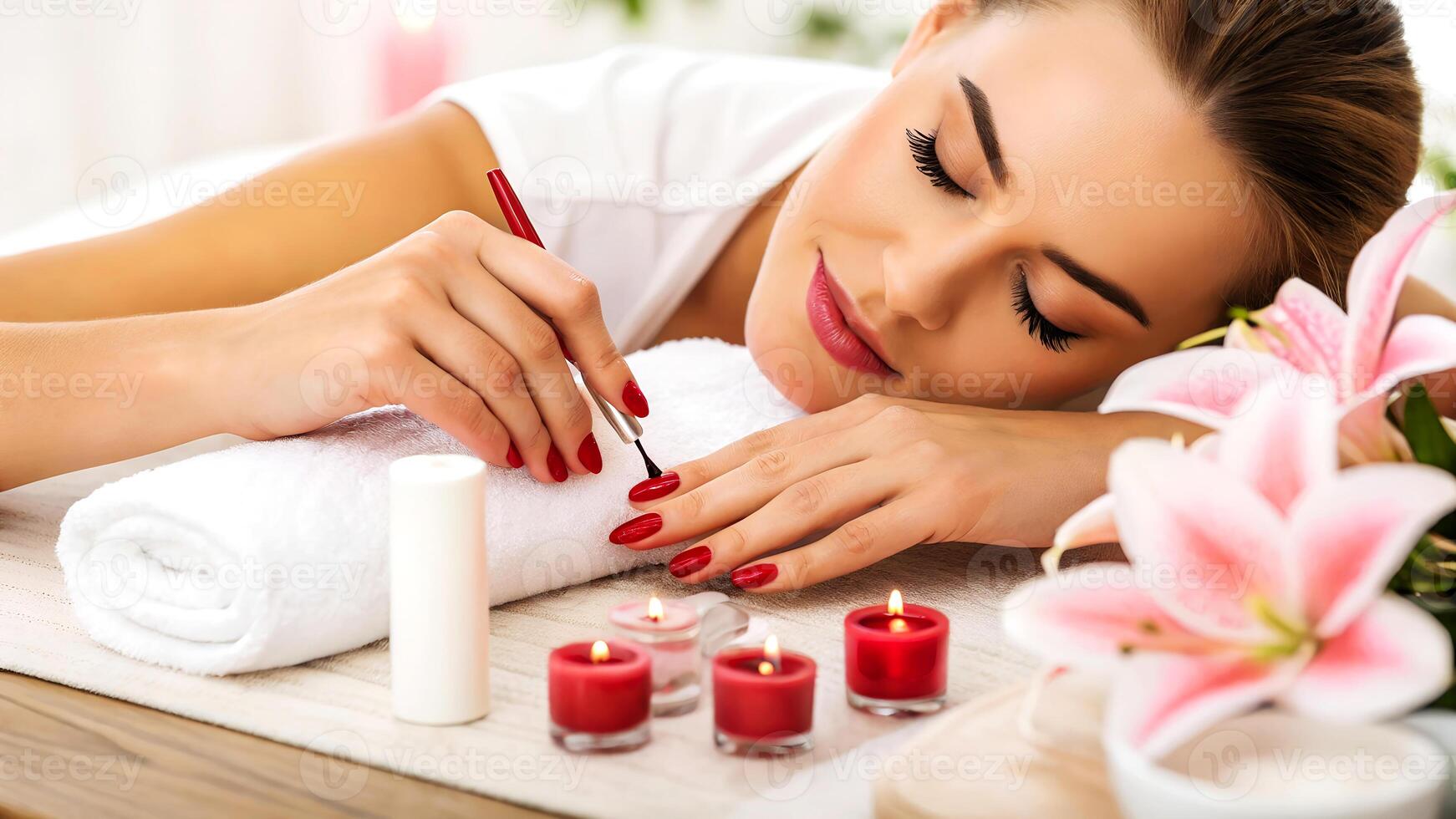Woman relaxing at a spa getting a manicure with red nail polish applying beautiful feminine nails surrounded by candles and flowers photo