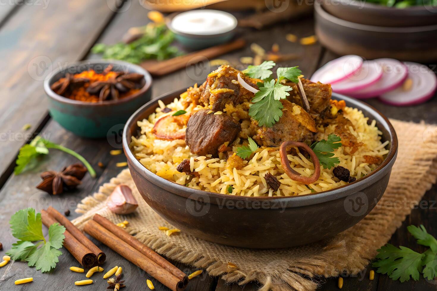 Delicious indian biryani rice dish with tender meat and garnishing in a rustic wooden bowl on a textured surface. photo