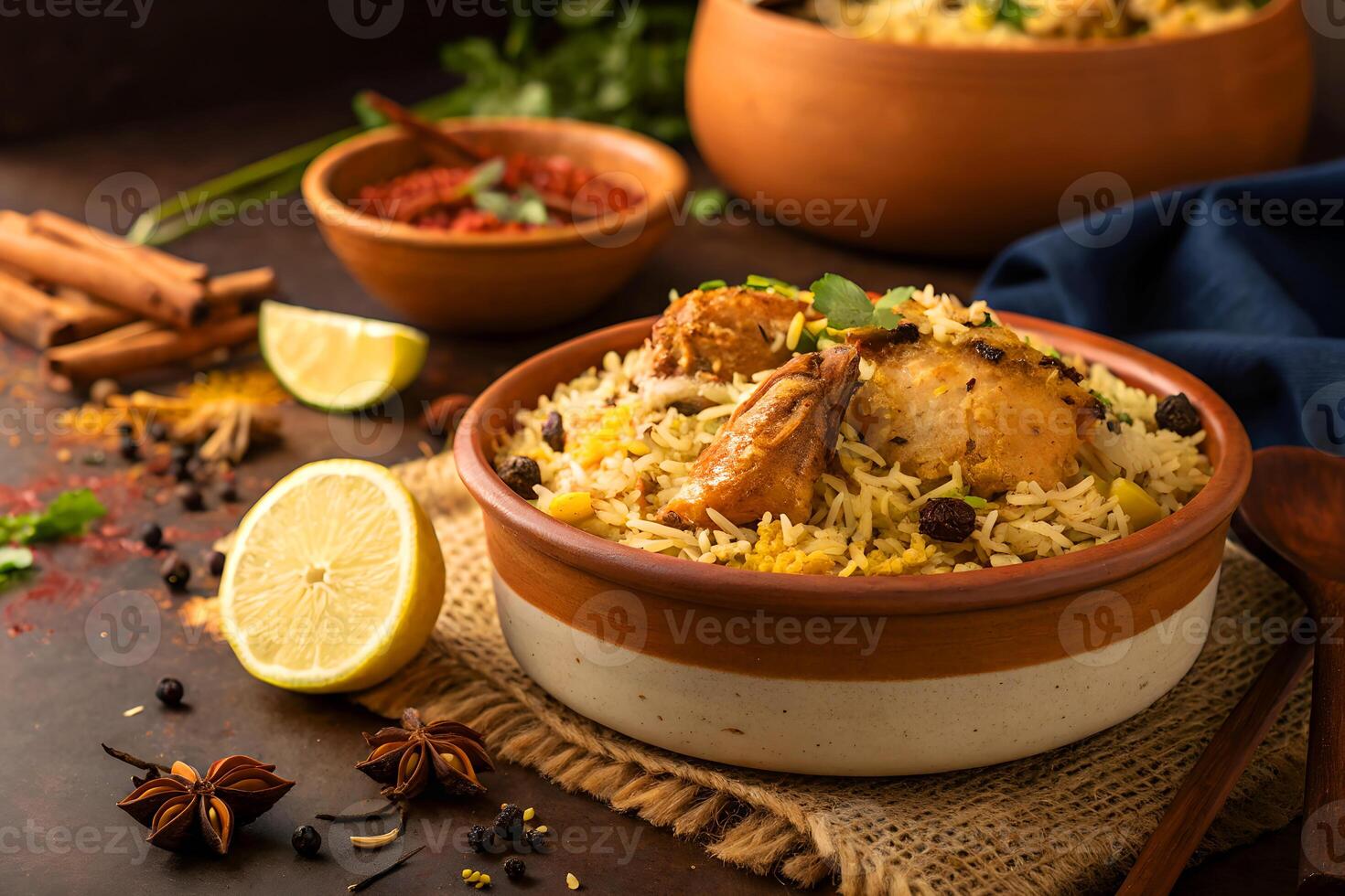 Aromatic indian chicken biryani served with spices lemon wedges and sauces in traditional bowls on a textured surface photo
