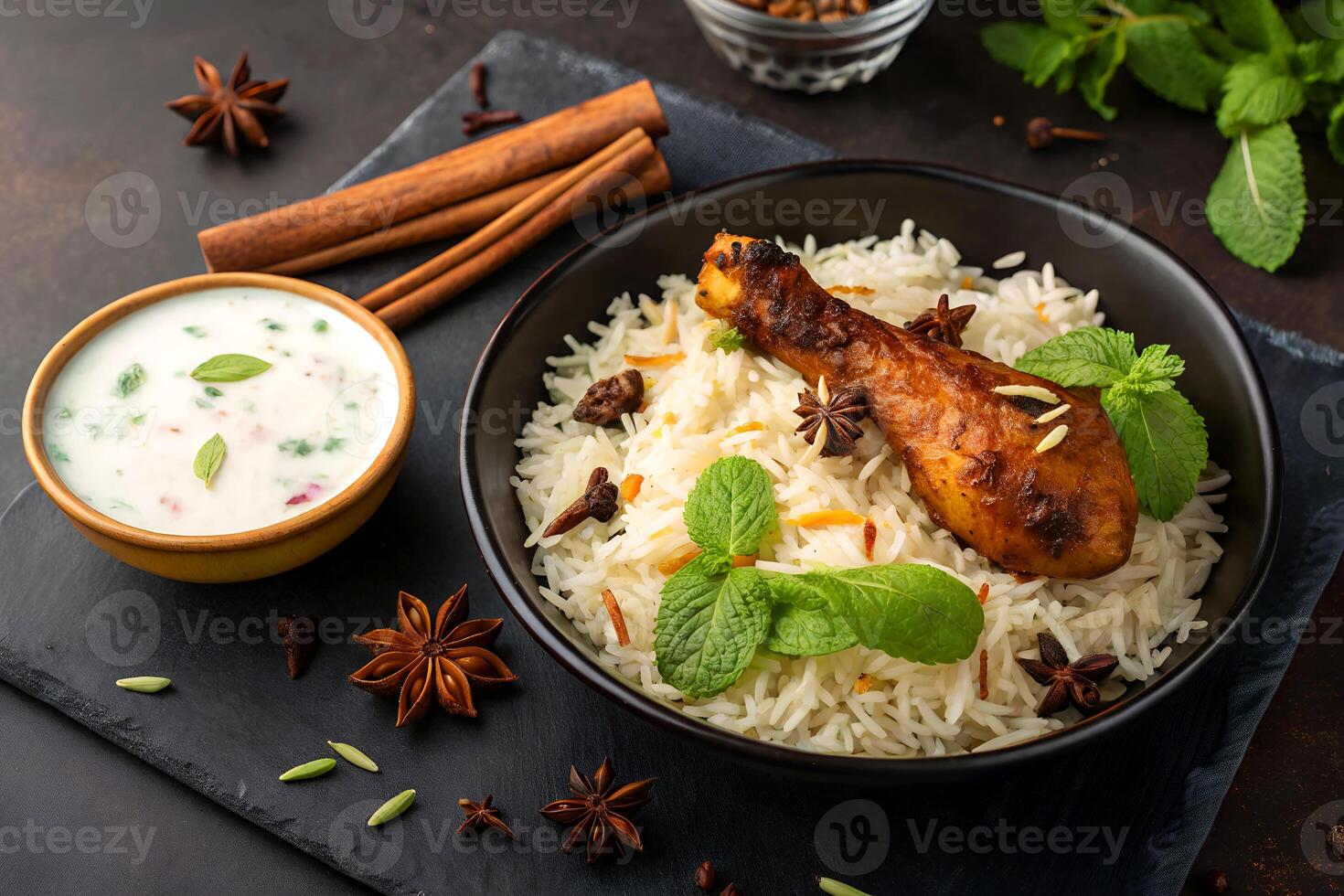 Deliciously arranged indian chicken biryani with raita and spices on a dark stone surface setting photo