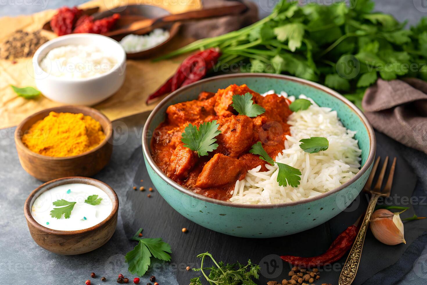 Delicious chicken tikka masala in a bowl with rice and spices and fresh herbs on a black slate photo
