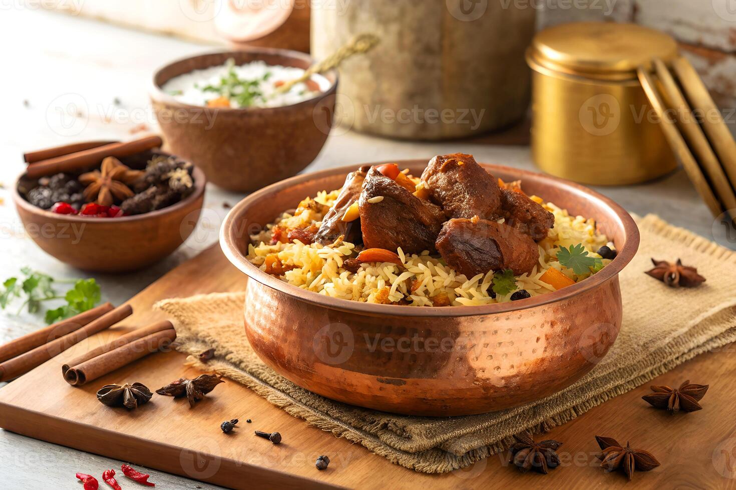 A copper bowl of delicious biryani with meat and spices ready to be served on a wooden surface photo
