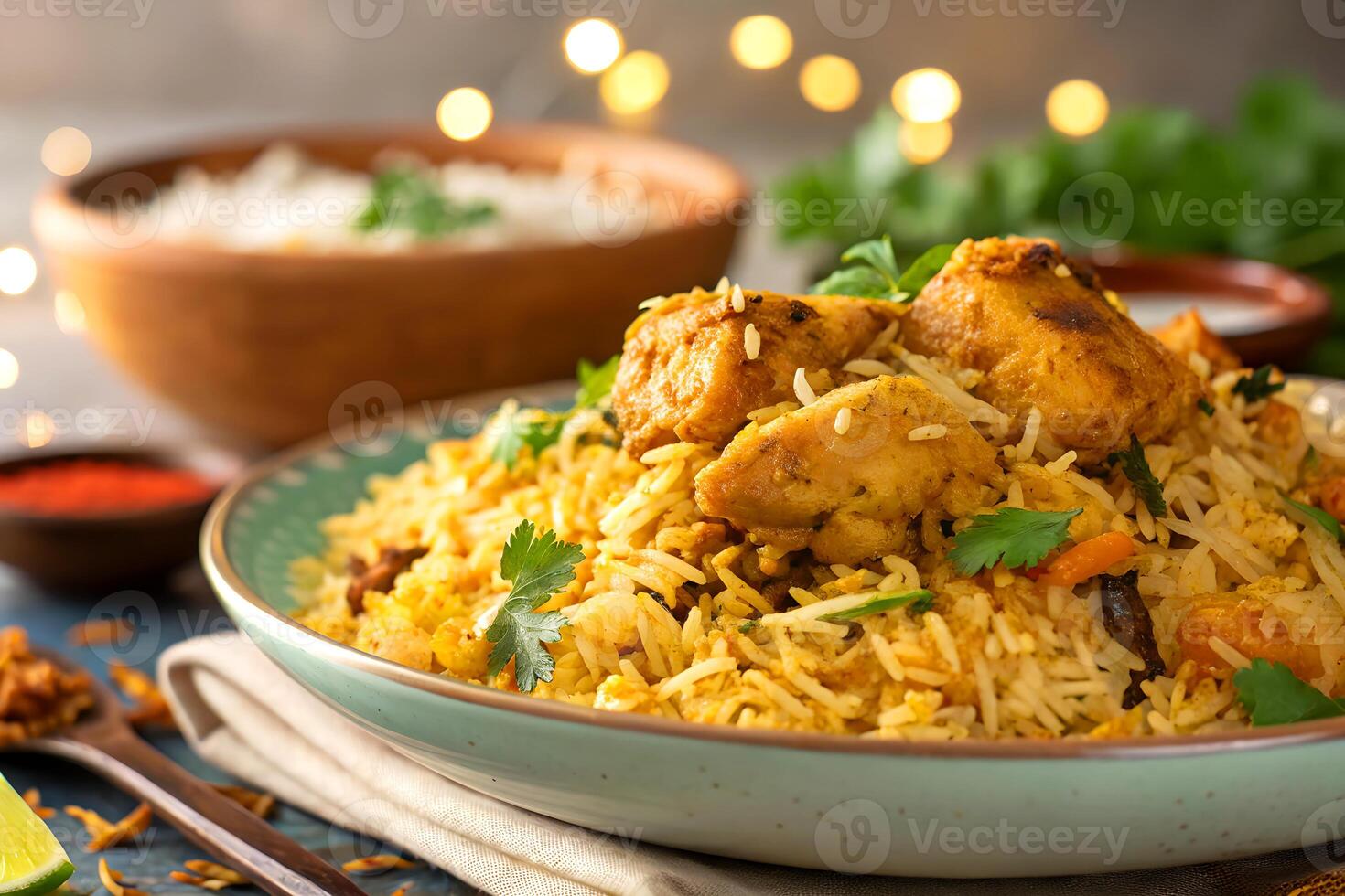 Delicious chicken biryani with aromatic basmati rice and garnishing served on a plate with herbs and spices. photo
