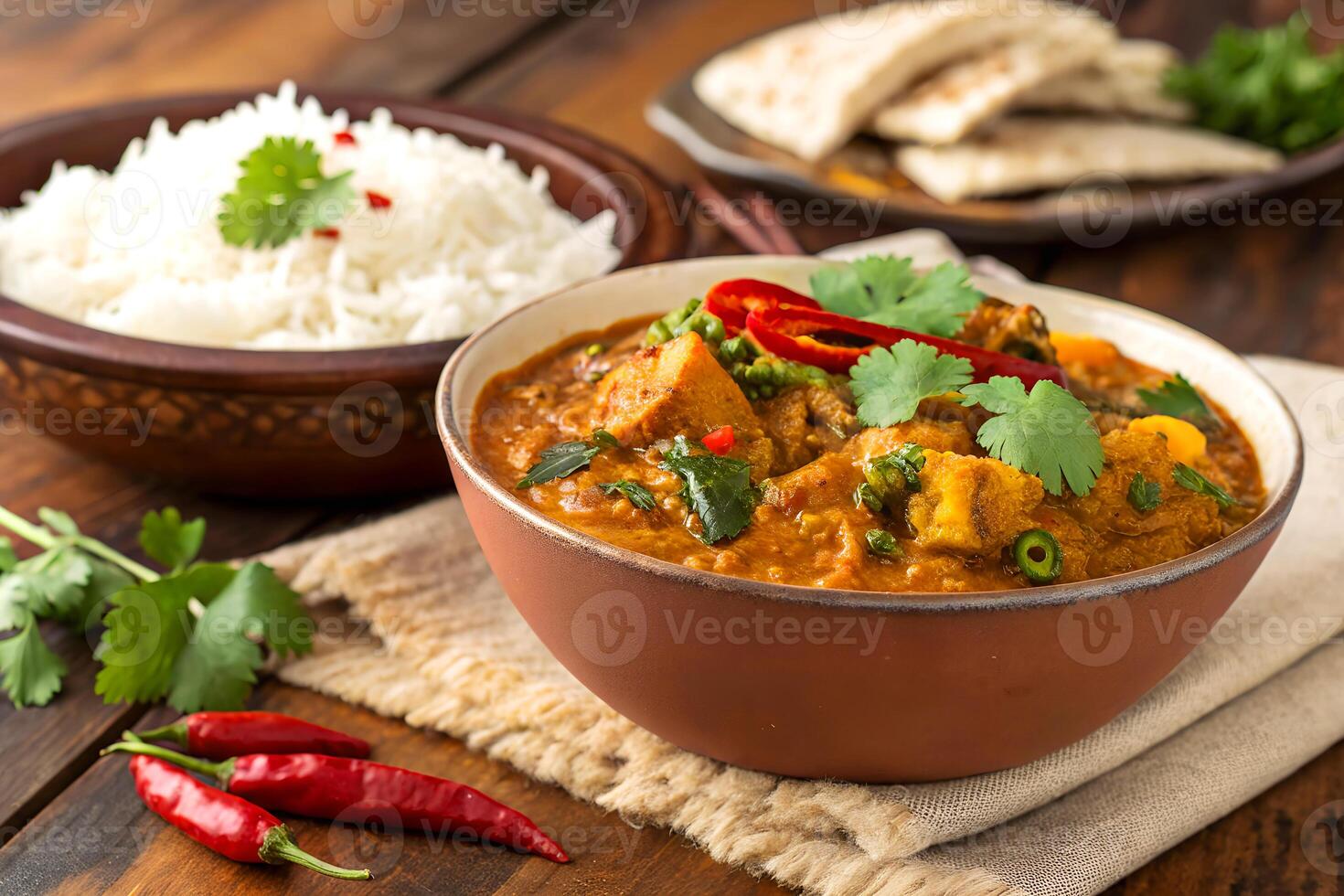 Delicious indian curry with rice naan and spices beautifully arranged on a rustic wooden table for a food photography session photo