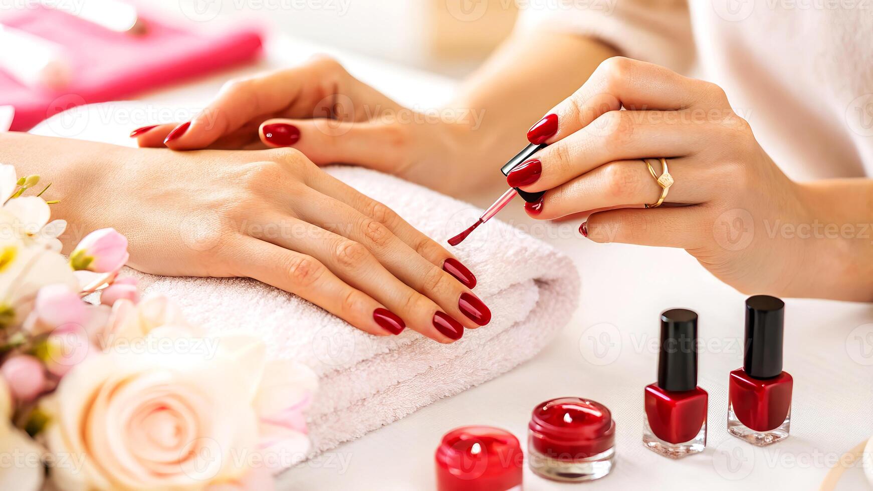 Manicurist applying vibrant red nail polish to a client's hand in a serene spa setting creating a perfect manicure photo