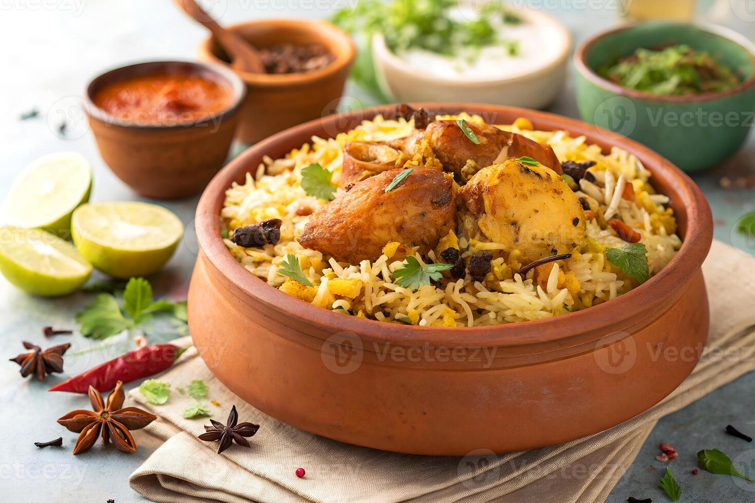 Delicious aromatic chicken biryani in a traditional clay pot with sides and garnishes for culinary enjoyment. photo