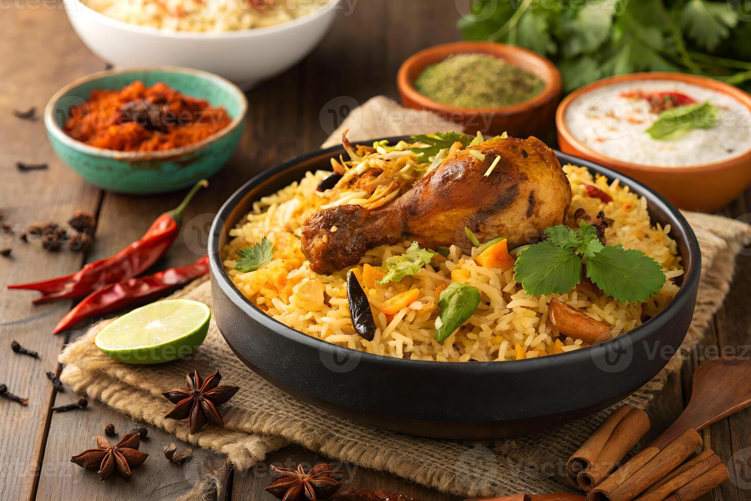 Delicious chicken biryani served with accompaniments on a rustic wooden tabletop for culinary delights photo
