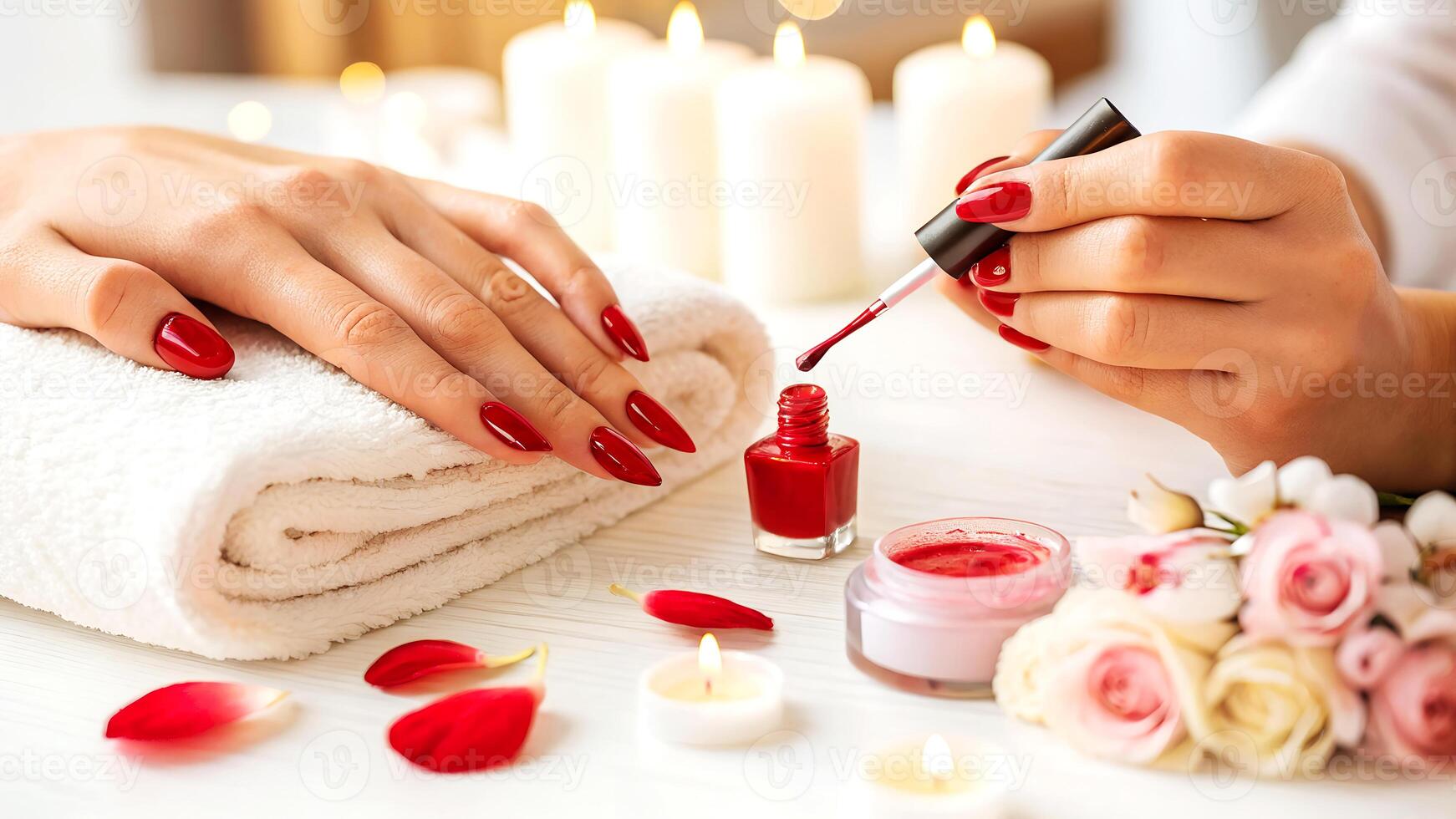Elegant manicure in a spa setting featuring red nail polish on beautifully shaped nails with soft lighting and floral accents photo