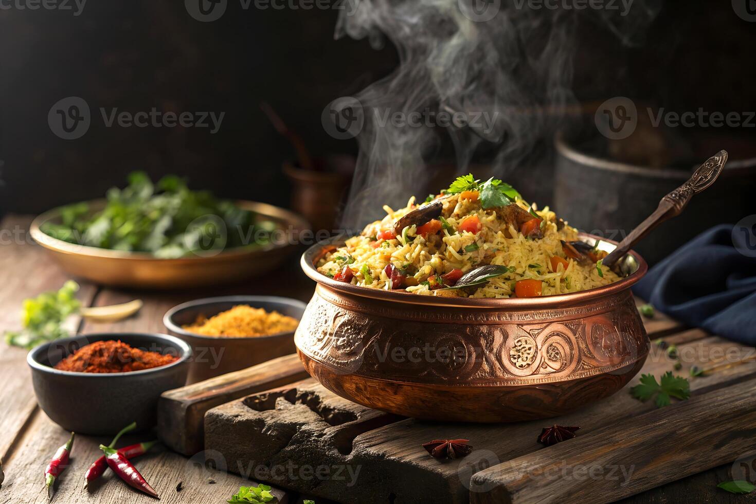 Delicious and steaming biryani served in a traditional copper bowl with fresh herbs and spices for culinary inspiration photo