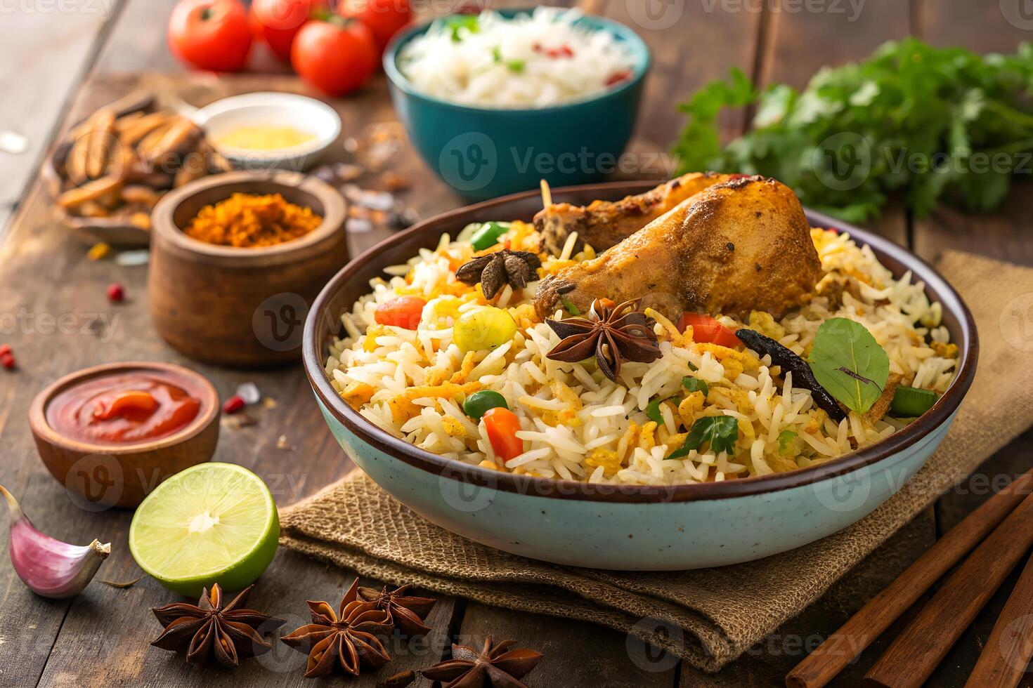 Delicious indian chicken biryani served with garnishes and spices in a rustic wooden setting for culinary content photo