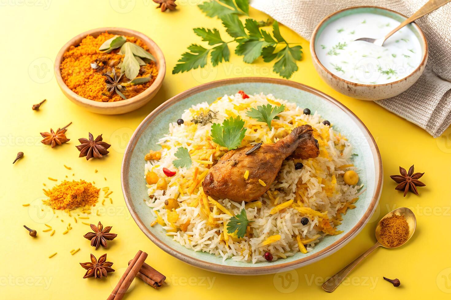 A deliciously arranged plate of chicken biryani garnished with herbs and spices on a vibrant yellow surface photo