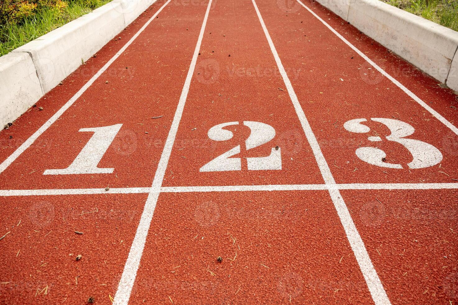 Red running track in stadium,with numbers at the start. Sport recreation. Helthy lifestyle concept. High quality photo