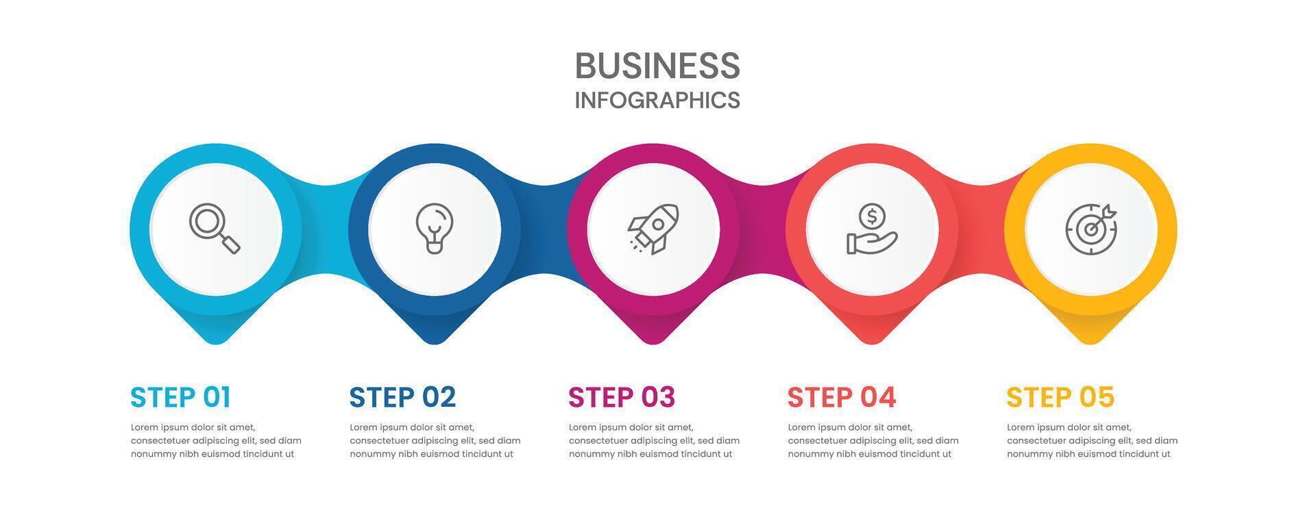 Modern horizontal business infographic with five colorful steps and minimal line icons. Perfect for presentations, workflow diagrams, project planning, or marketing strategy visuals. vector