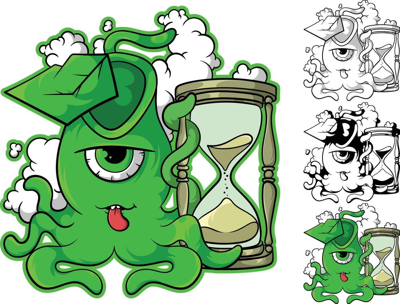 an octopus with a graduation cap and hourglass vector