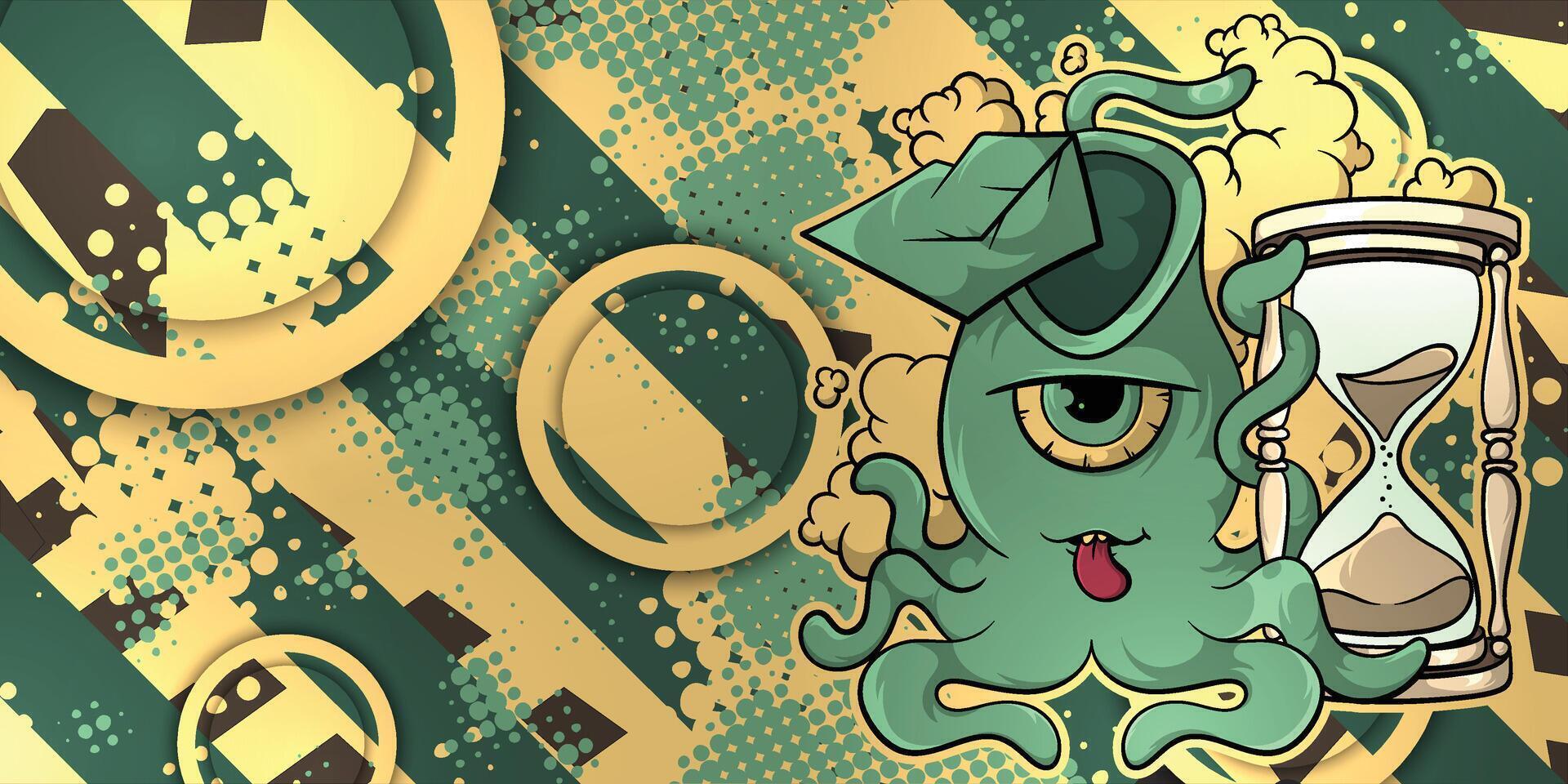 an image of an octopus with a clock on it vector