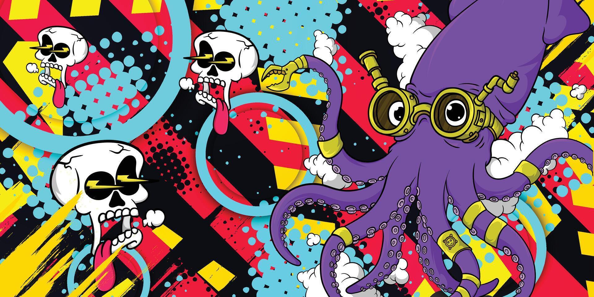 an octopus and skull are on a colorful background vector