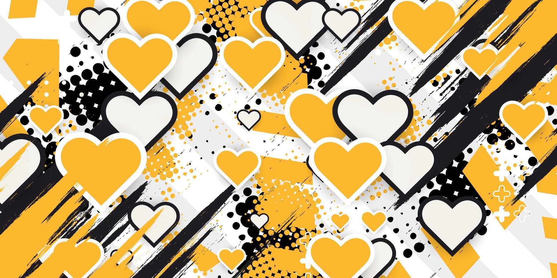 a yellow and black background with hearts vector