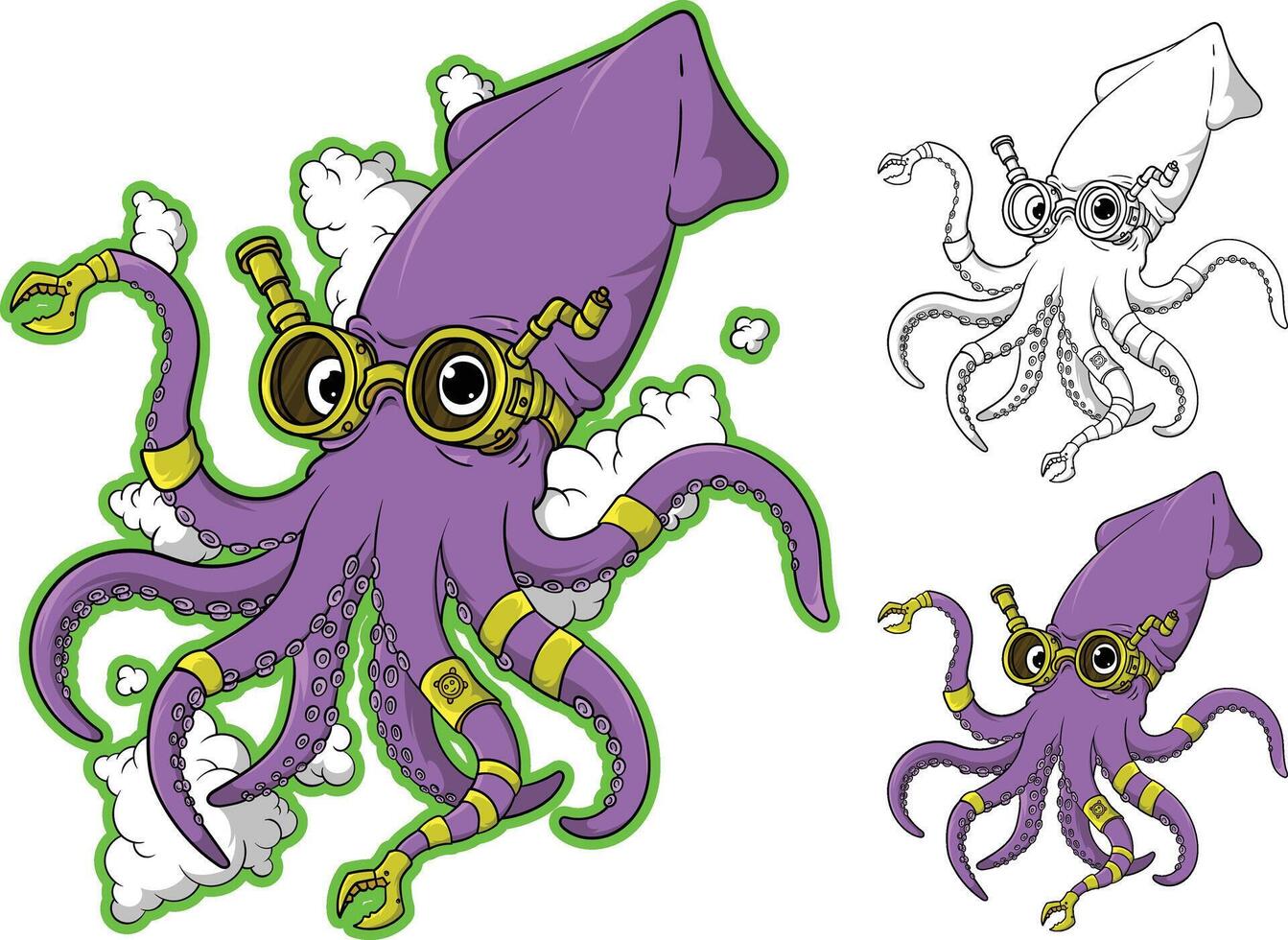 an octopus with goggles and a hat is shown in a cartoon style vector