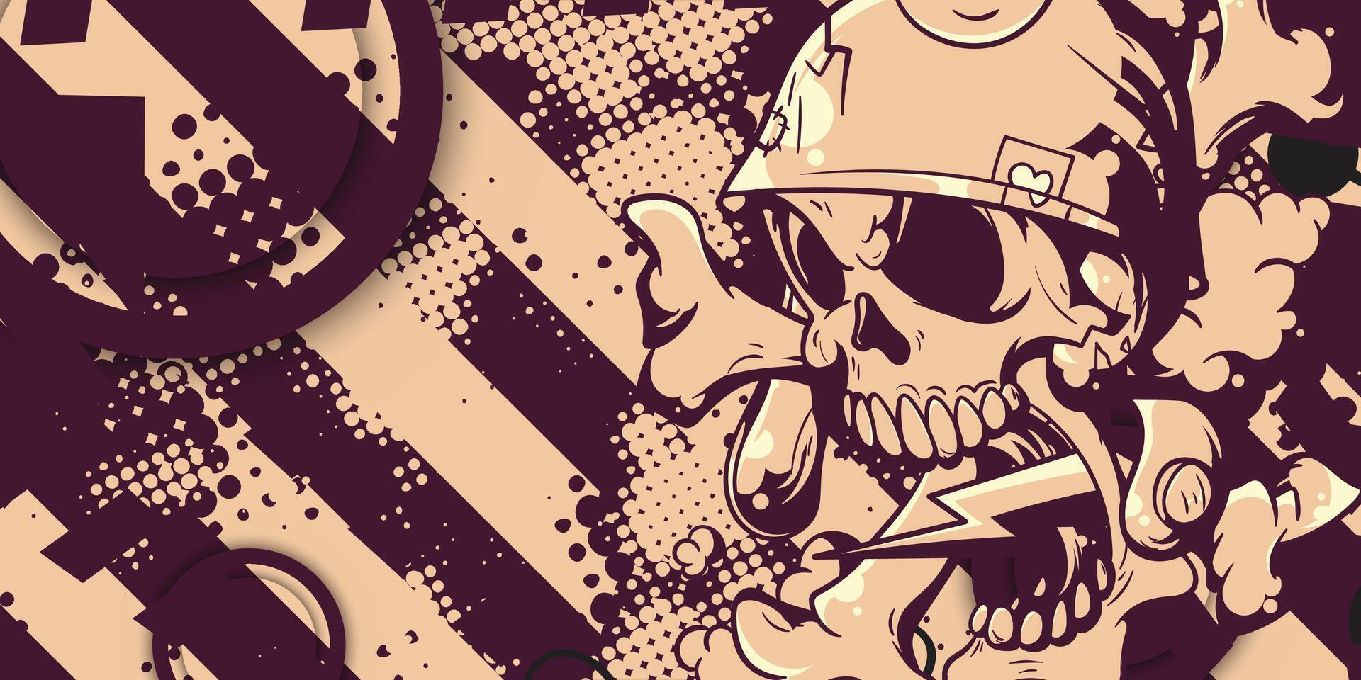 a skull with a hat and a cigarette in front of a grungy background vector
