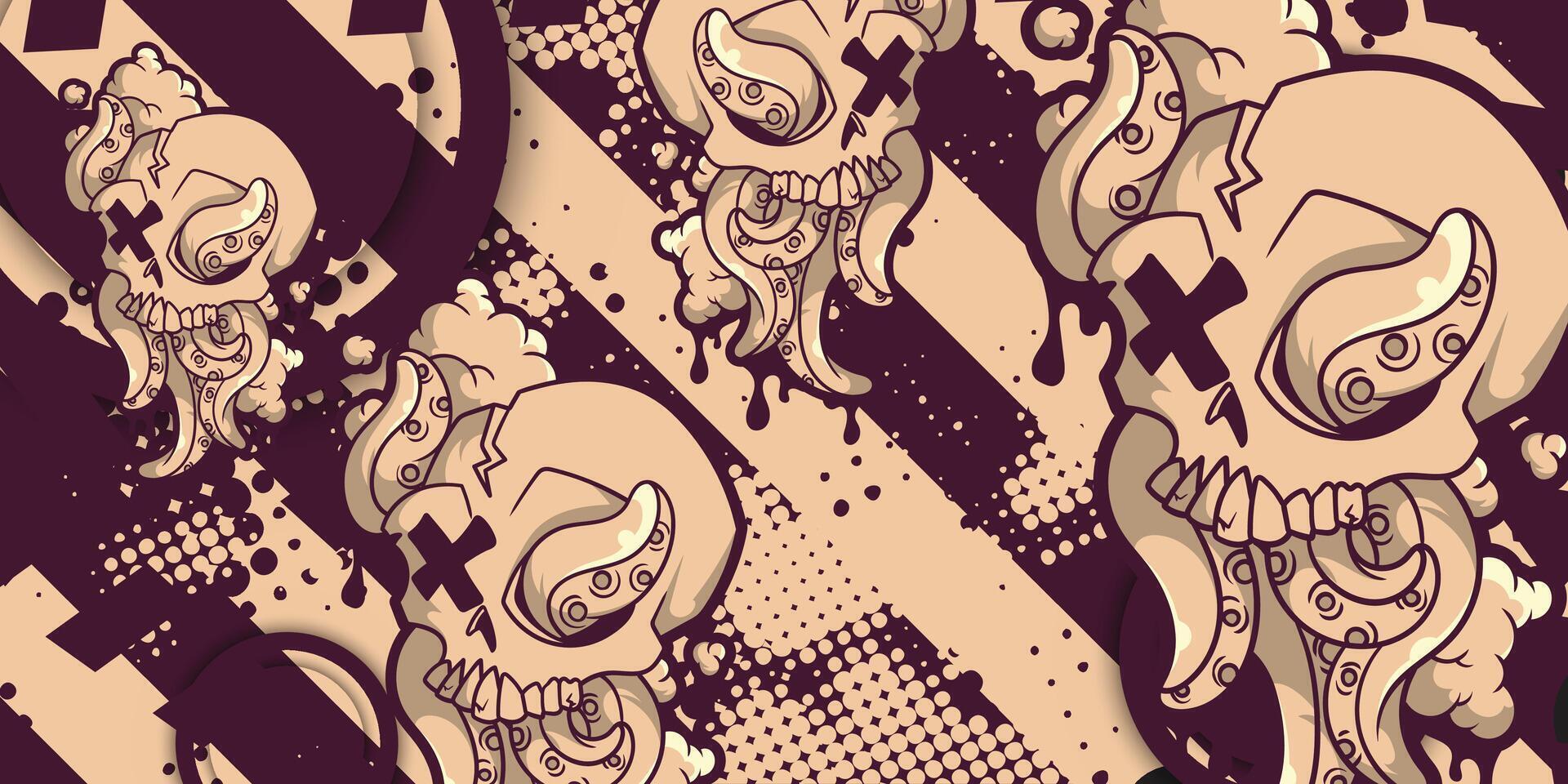 Vintage abstract background with skull and tentacles object, grunge design vector