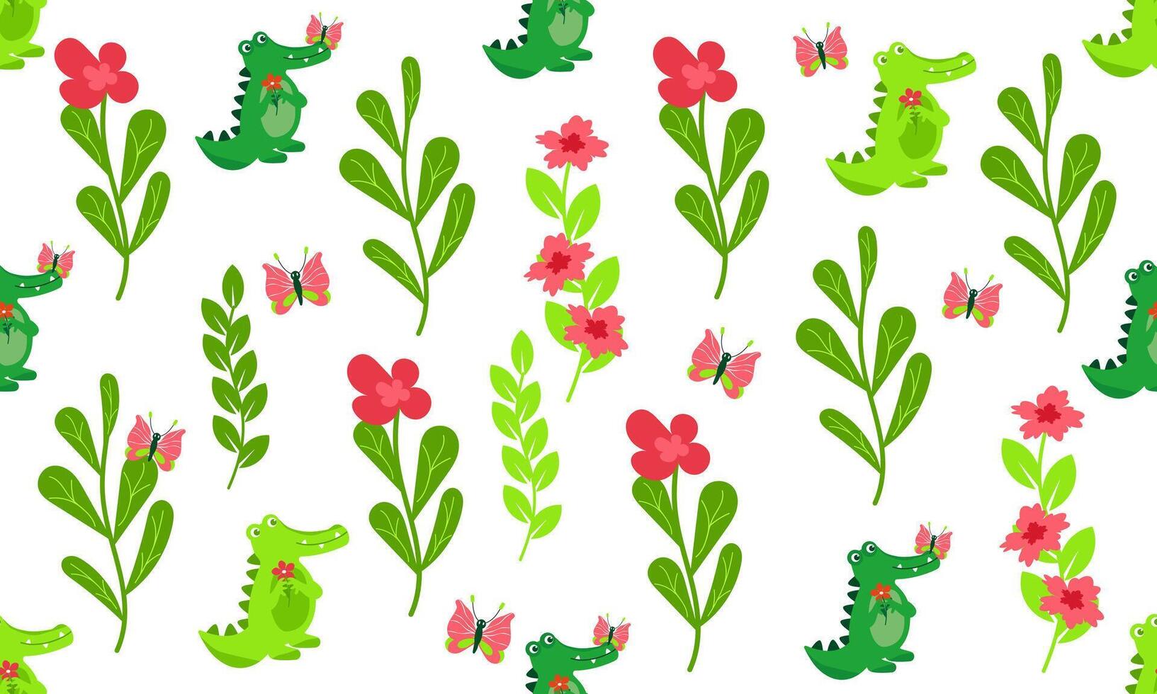 A pattern with a cute crocodile, butterfly and plants on a white background vector