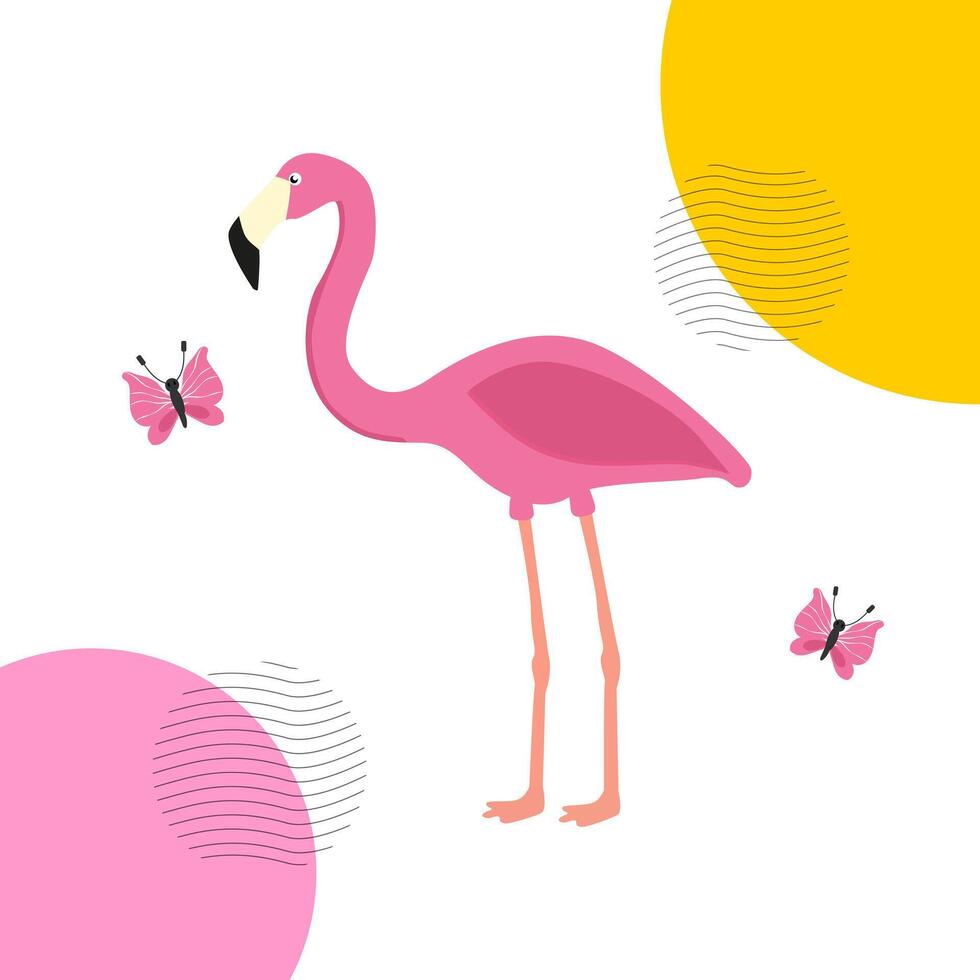 A poster featuring a pink flamingo. The design of a poster, web banner, print, cover, or background. vector
