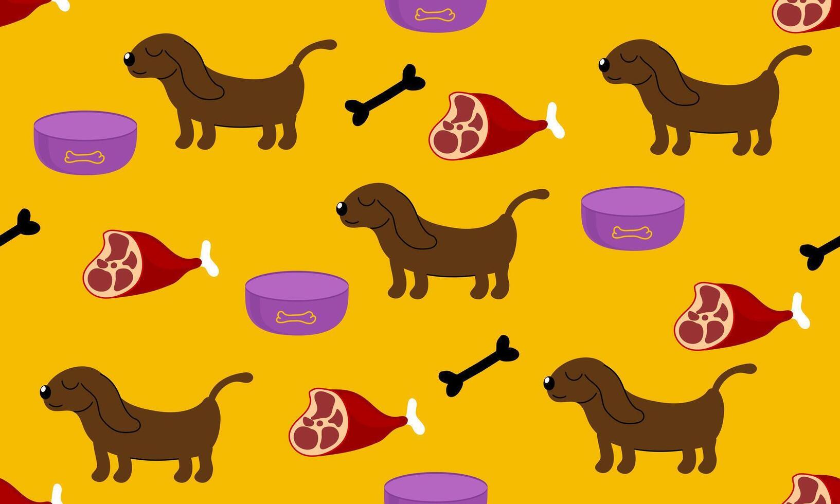 A pattern with a cute dog, a bowl, a bone and a piece of meat. Element for printing, wallpaper, fabrics vector