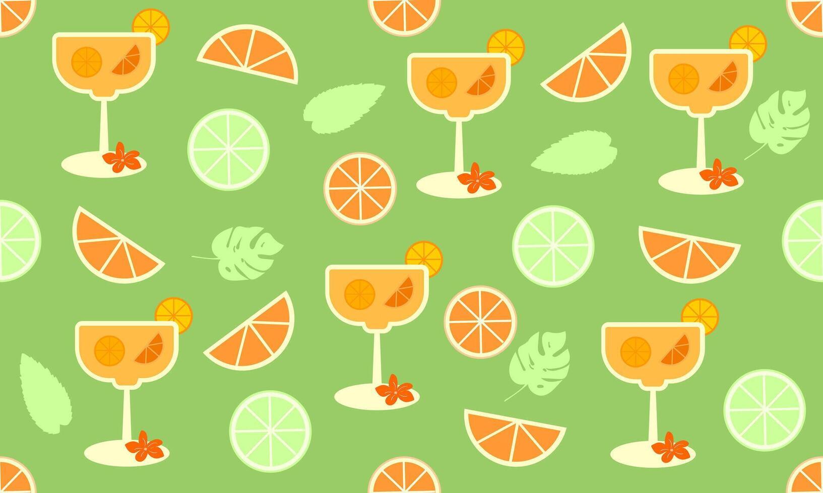 A bright summer pattern with a drink and fruit. Illustrations for backgrounds, postcards, posters, banners vector