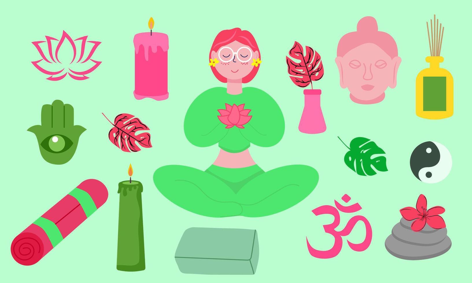 A woman in the lotus posture, surrounded by the components of a meditation altar. A place of contemplation. vector