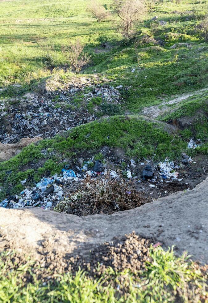 A dirt road with trash and grass in the middle photo