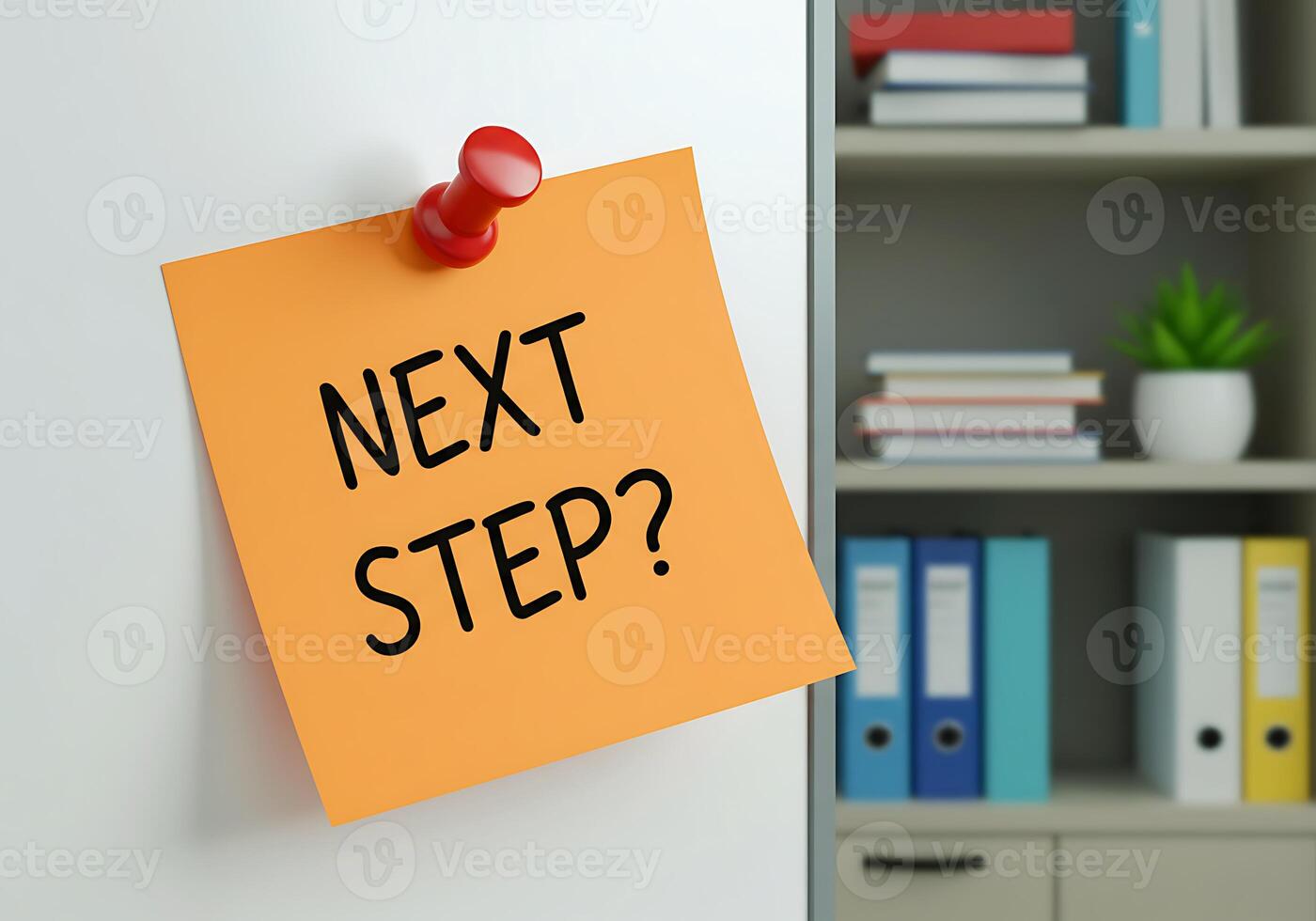 orange sticky note in realistic office setting next step photo