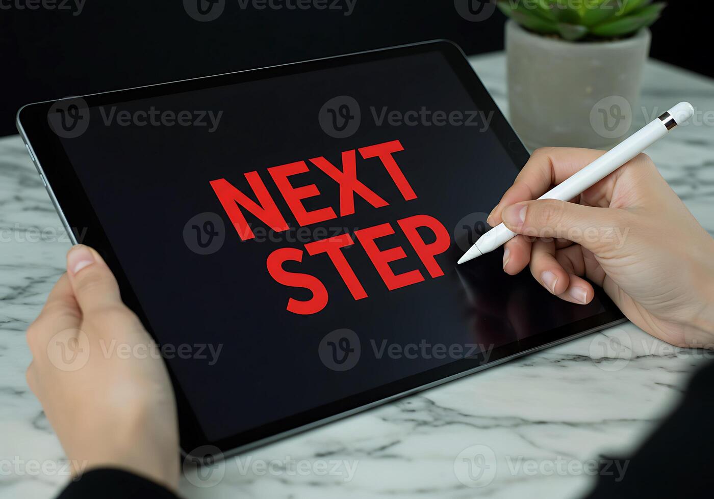 Next Step Writing Next Steps on Digital Tablet with Stylus photo