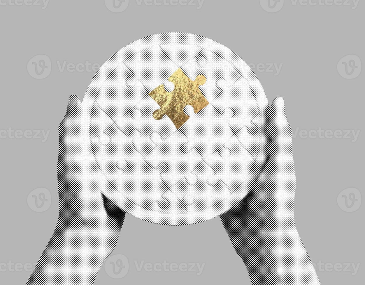 Golden puzzle piece in the shape of a circle, held in hands, symbolizing unity, connection, and photo