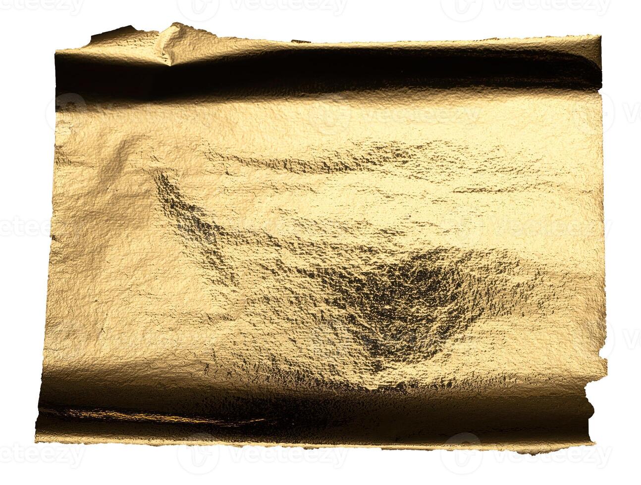 Gold foil with a shiny, metallic texture creates a reflective, luxurious surface. Crumpled and torn photo