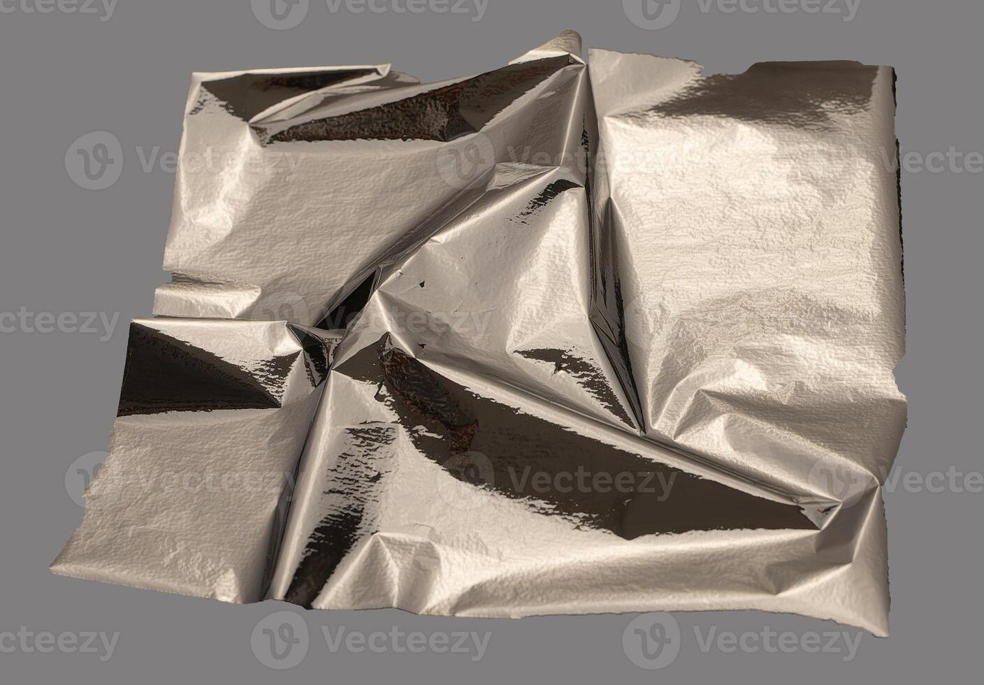 Silver foil with crumpled, shiny texture creates a high-contrast, polished surface. Damaged, frayed photo