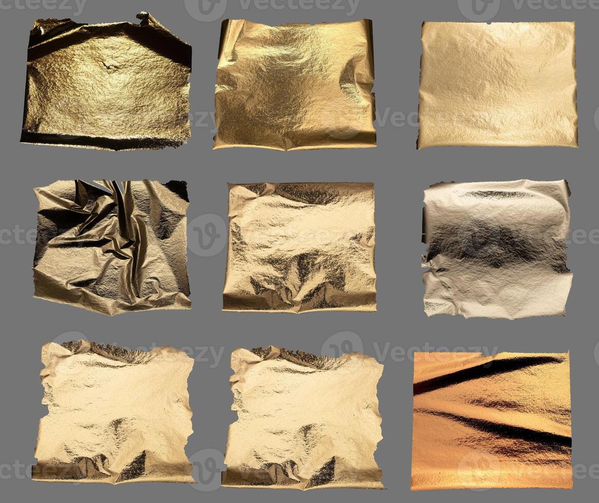 Gold foil with crumpled, shiny metallic texture creates a reflective, luxurious surface. Torn and photo