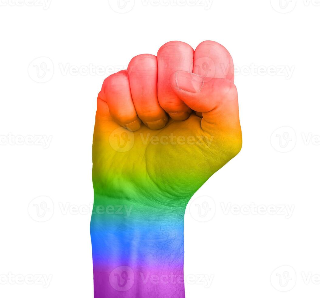Raised fist symbolizing LGBT pride, equality, and solidarity. A gesture of strength and activism in photo
