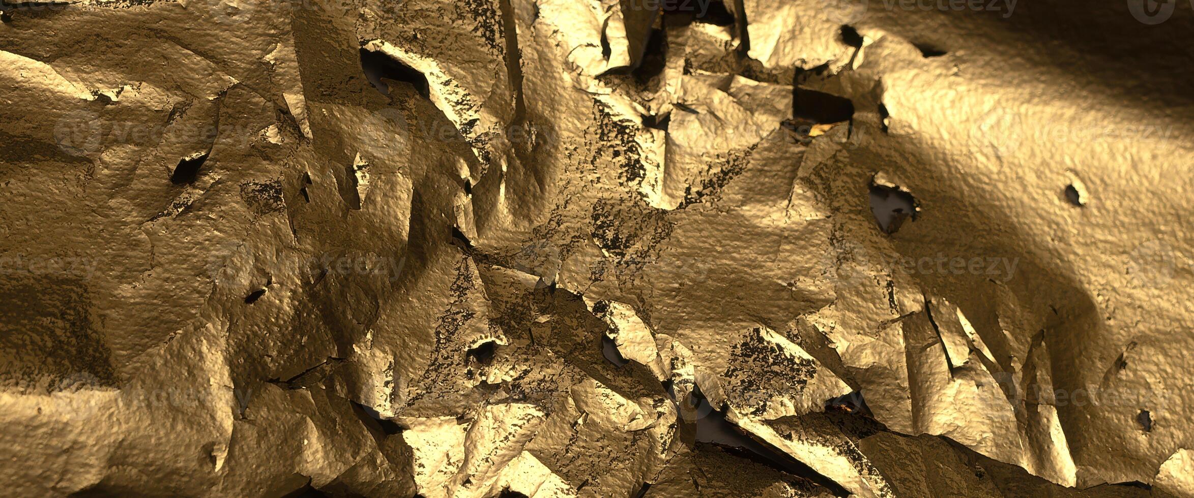 Golden metallic foil texture with torn, distressed, and crumpled edges. Shiny, rugged surface with a photo