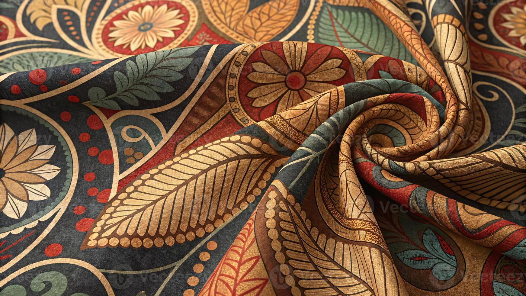Intricate Floral Fabric Design with Leaf and Swirl Motifs. photo