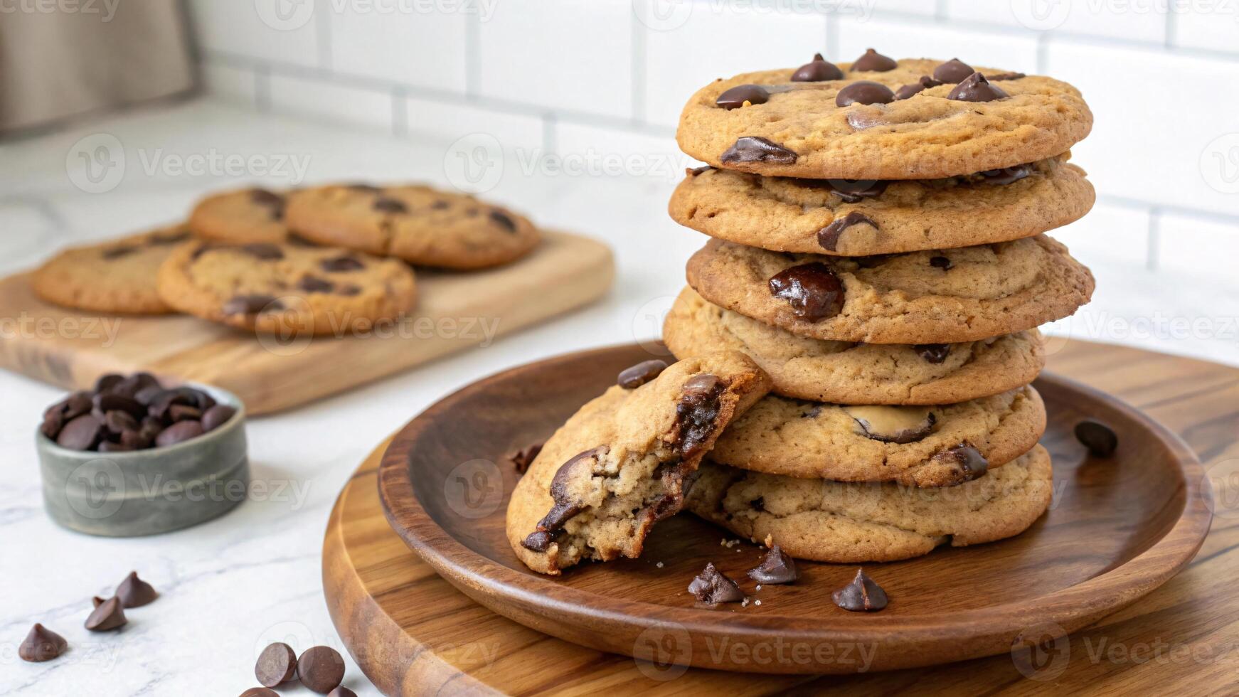 A stack of delicious chocolate chip cookies on a wooden plate. photo