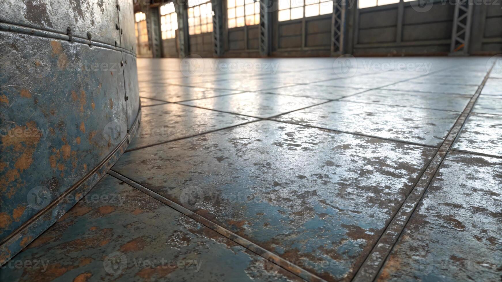 Closeup of a rusted and worn industrial floor with metal plates. photo