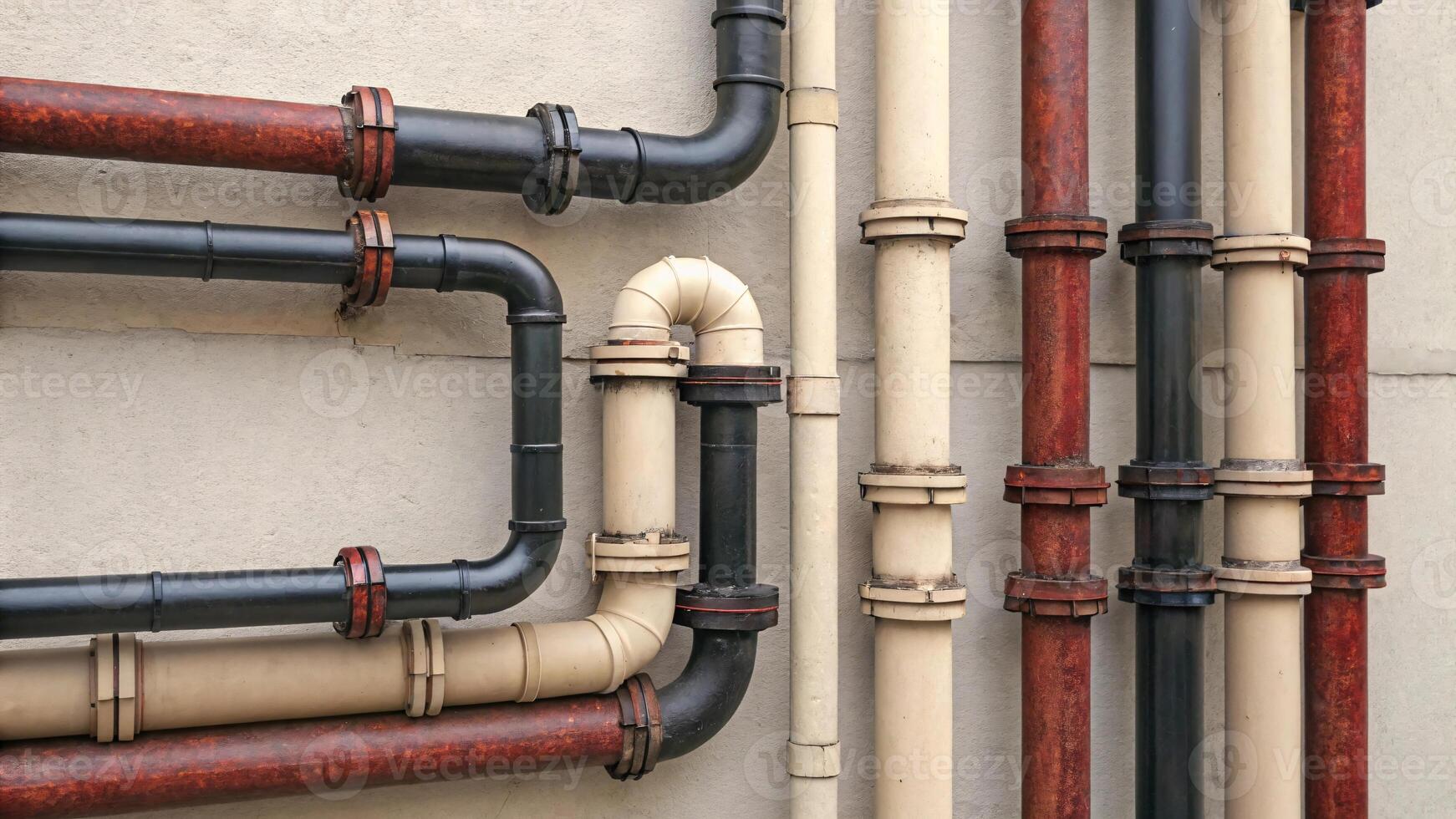 Industrial pipes and valves collection of various pipes installed on a wall. photo